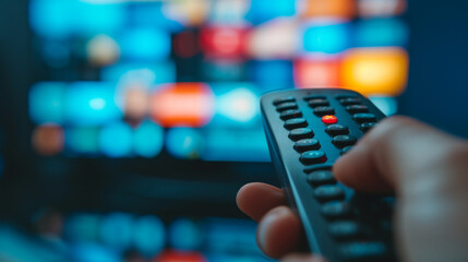 close-up view of a hand holding a television remote control with a blurred television screen in the background, displaying colorful images.