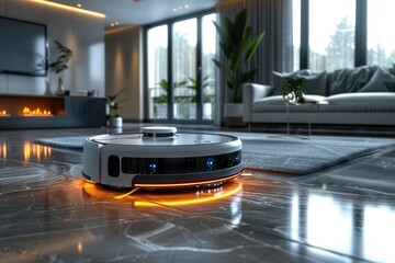 Poster - Robotic vacuum cleaner in a living room on schedule, concept of internet of things and smart home appliances. Generative AI.