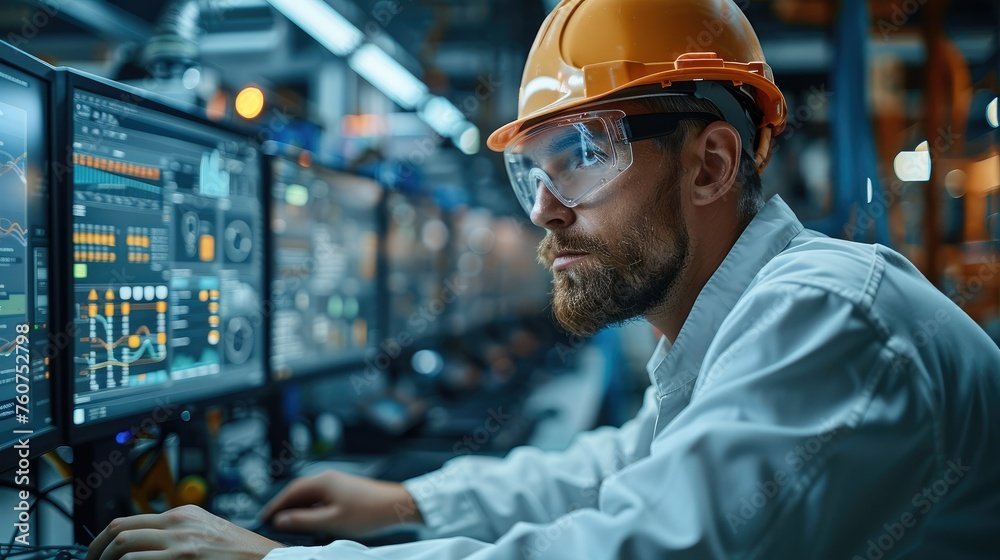 An engineer monitoring a sophisticated AI dashboard showing real-time ...
