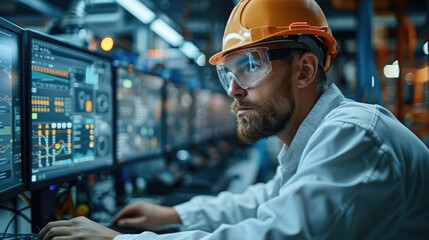 Poster - An engineer monitoring a sophisticated AI dashboard showing real-time data and predictive analytics from various sensors on industrial machinery. Generative AI.