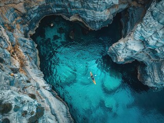 Wall Mural - Aerial view of a Kayakers exploring sea caves, coastal cliffs, pristine waters. 