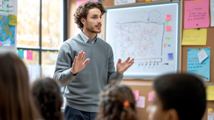 Canvas Print - Teacher is actively engaging with his students in a classroom setting, with educational materials visible on the whiteboard behind him.