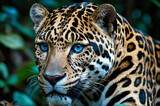 Fototapeta Zwierzęta - Camouflage male jaguar lurking in forest blue eyes.