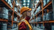People in hardhats at training in warehouse. Generative AI.