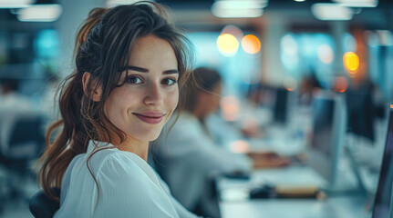 Aufkleber - A young businesswoman happily using the computer in a modern office with her colleagues. Generative AI.