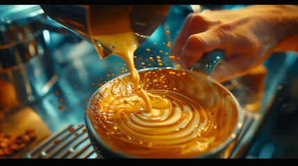 Wall Mural - Barista pouring milk into coffee