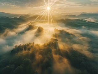 Wall Mural - Aerial view of a Golden rays, misty valleys, tranquil dawn, mountain tranquility. 