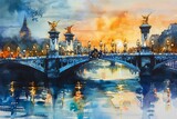 Picturesque Alexander bridge with river view watercolor. Architectural historical illuminated bridge in French capital. Generate ai
