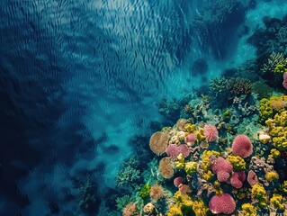 Wall Mural - Aerial view of a Coral reefs, marine life, crystal-clear waters, underwater exploration. 