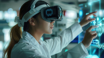 Aufkleber - A female worker with VR headset and handset operating a hi-tech medical machine with display on screen as background. Generative AI.