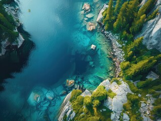 Wall Mural - Aerial view of a Crystal-clear waters, mountain reflections, alpine serenity, natural beauty. 