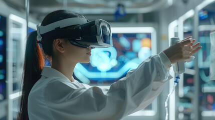 Aufkleber - A female worker with VR headset and handset operating a hi-tech medical machine with display on screen as background. Generative AI.
