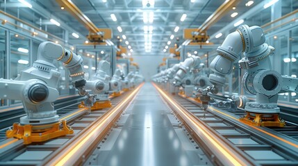 Poster - A large manufacturing environment, industrial robots, white decor, machines, production line, future technology. Generative AI.