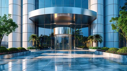Poster - A large corporate building entrance, exterior, daytime. Generative AI.