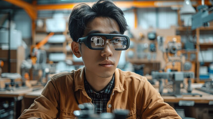 Aufkleber - Asian industrial designer wearing high-tech smart glasses, sits at a modern high-tech workbench. Generative AI.