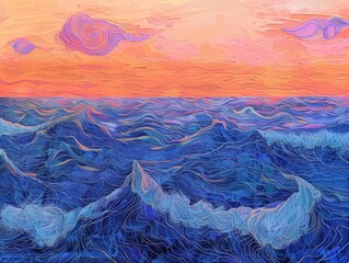 Wall Mural - A realistic painting showcasing a vibrant sunset over the ocean, with the sun dipping below the horizon and casting colorful reflections on the water