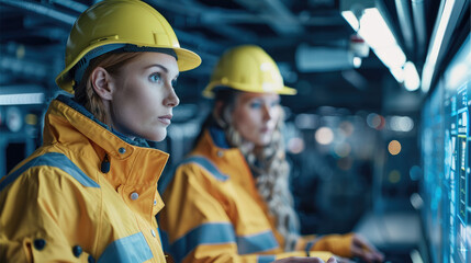 Aufkleber - A male and female technician in high-visibility jackets analyze data on a digital interface in a network operations center. Generative AI.