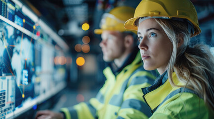Aufkleber - A male and female technician in high-visibility jackets analyze data on a digital interface in a network operations center. Generative AI.