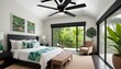 A sleek black ceiling fan suspended from the high ceiling, gently circulating the air and creating a refreshing breeze in the tropical-inspired bedroom.