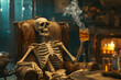 A human skeleton sits in a chair, drinks whiskey and smokes a cigar. Bad habits concept.