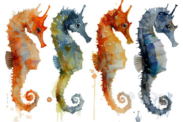 Wall Mural - Hand drawn watercolor Seahorse sea animals illustration on transparent background