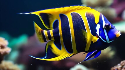 Wall Mural - Queen angelfish (Holacanthus ciliaris), also known as the blue angelfish, golden angelfish or yellow angelfish underwater in sea with corals in background. Isolated closeup.