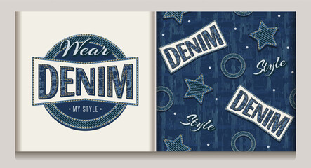 Wall Mural - Logo, seamless denim pattern with text, denim fabric patches. Illustration in vintage style on dark textured background. For clothing, t shirt, surface design.