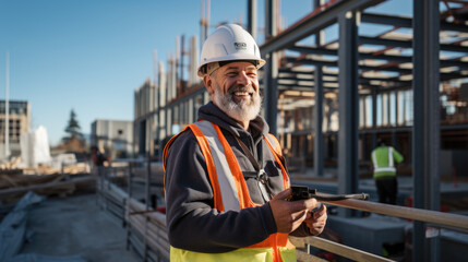 Poster - Smiling construction worker, wearing a hard hat,and a reflective vest, stands confidently at a construction site.