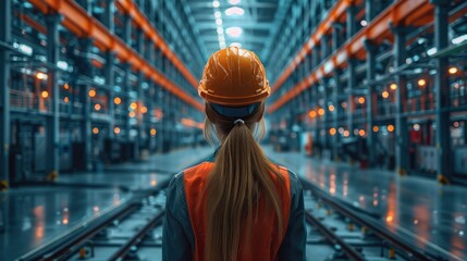 Aufkleber - An industrial worker woman with a hard hat and equipment is looking at a digital warehouse design, in the style of global illumination. Generative AI.