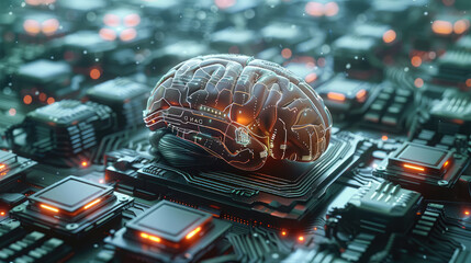 Poster - AI elements like neural nets and a human brain plus computer chips. Generative AI.