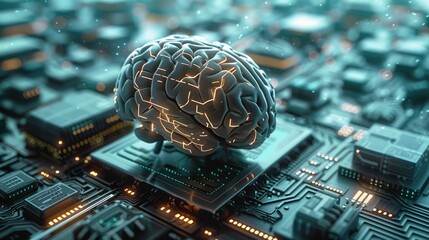 Poster - AI elements like neural nets and a human brain plus computer chips. Generative AI.