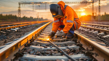 Railroad Repair. Welding Rails. A Worker Welds A Steel Part By Hand
