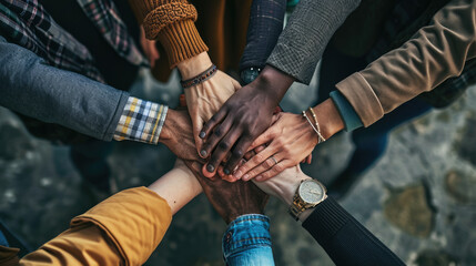 Wall Mural - A top-down view of a group of friends stacking their hands together, symbolizing unity, teamwork, and mutual support in a casual setting.