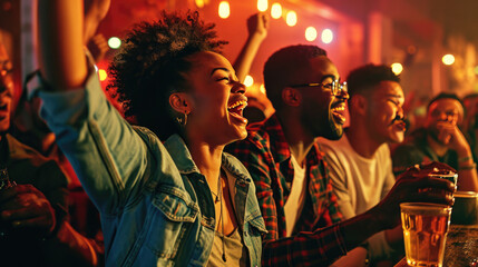 Poster - Lively group of people at a bar celebrating, with a focus on a joyful woman raising her hand and holding a drink.