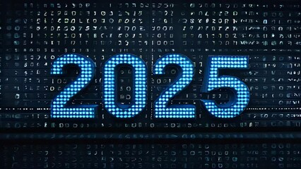 the number 2025 is displayed on a digital background. New year 2025 greeting card. high tech and innovation.