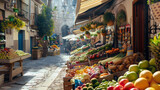 Fototapeta Uliczki - In a Spanish city, a vibrant outdoor market displays fresh fruits and vegetables