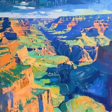 A Detailed Painting Depicting The Majestic Grand Canyon With Its Towering Cliffs, Winding Colorado River, And Colorful Rock Formations