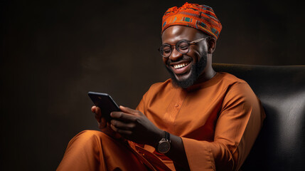 Sticker - Man is joyfully laughing while holding a phone, dressed in a traditional clothes