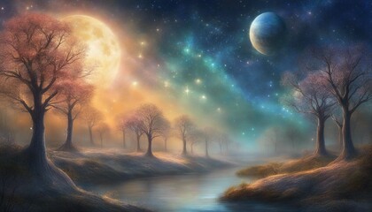 Wall Mural - night sky and moon A magical Christmas with a row of trees and a starry sky. The trees are enchanted and alive  