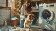 Smiling woman petting a golden retriever next to a washing machine. Everyday life and pet care concept for design and print