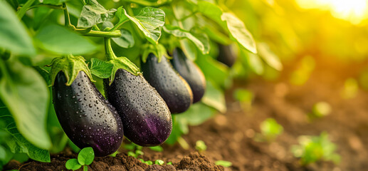 Wall Mural - Fresh Eggplants Growing on Plant in Garden at Sunshine