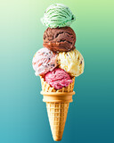 Fototapeta  - Colorful Ice Cream Scoops in Cone Against Blue Background