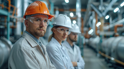 Fototapete - Portrait of 3 colleagues in a laboratory of a cement production company. Generative AI.