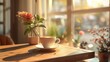 Warm cup of coffee on wooden surface with sunlight and floral decor in cozy cafe setting