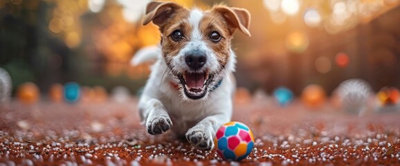 Wall Mural - A playful Jack Russell Terrier chasing after a rainbow-colored ball in a sunlit backyard adorned with St Patrick's Day, Wallpaper Pictures, Background Hd