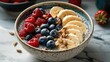 A chia breakfast bowl topped with berries and bananas. Generative AI.