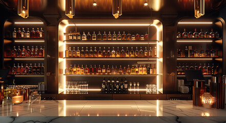 Aufkleber - Elegant dark interior of a luxury hotel bar with shelves stocked. Generative AI.