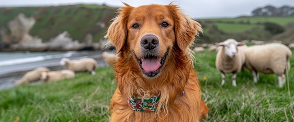 Wall Mural - A regal Golden Retriever wearing a shamrock-patterned bandana, posing against a backdrop of rolling green hills dotted with sheep