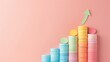 Multicolored paper bar graph with rising arrow on a pastel pink background. Business growth, progress statistics concept for poster, report graphics
