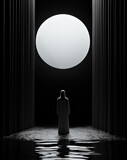 Fototapeta  - Woman Facing Large Moon in Dark Watery Scene. Monochrome image